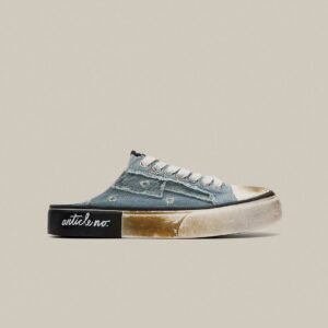 DISTRESSED DENIM DIRTY PATCHWORK SLIP-ON MULE VULCANIZED